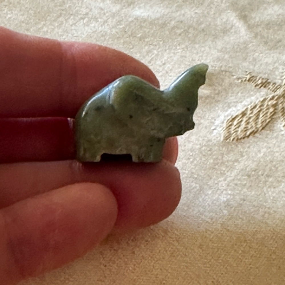 Natural Green Jade Trunk Up / Good Luck Mini Elephant Stone Carving / Figurine.